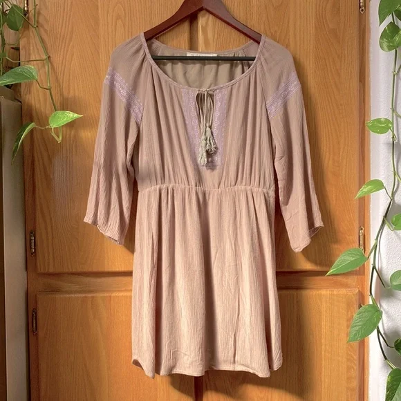 Solitaire Tan Boho Baby Doll Scoopneck Tunic Mini Dress Embroidered with  Tassels